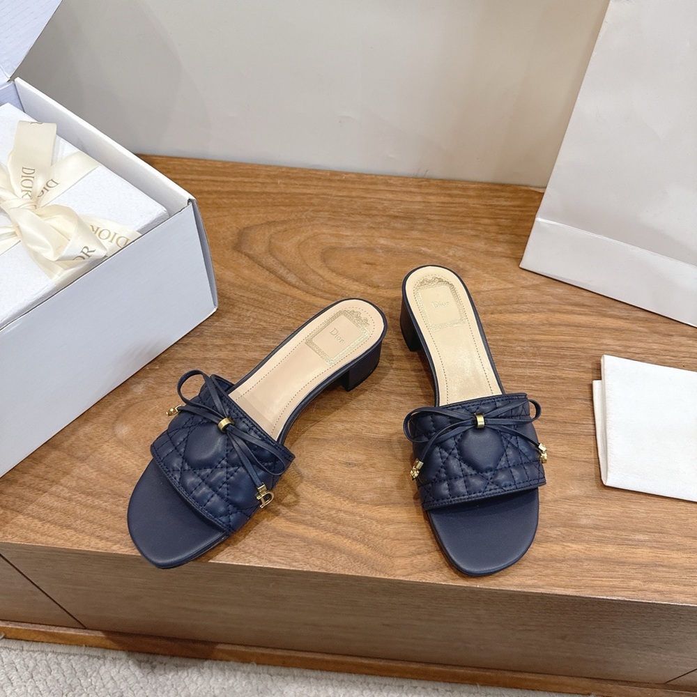 DIOR Cannage Quilted Lambskin Heeled Mules Slides Navy Blue - Picture 2 of 4